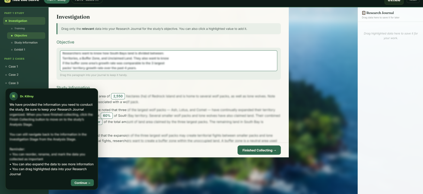 Redrock Simulation — drag evidence into the Research Journal in the live app