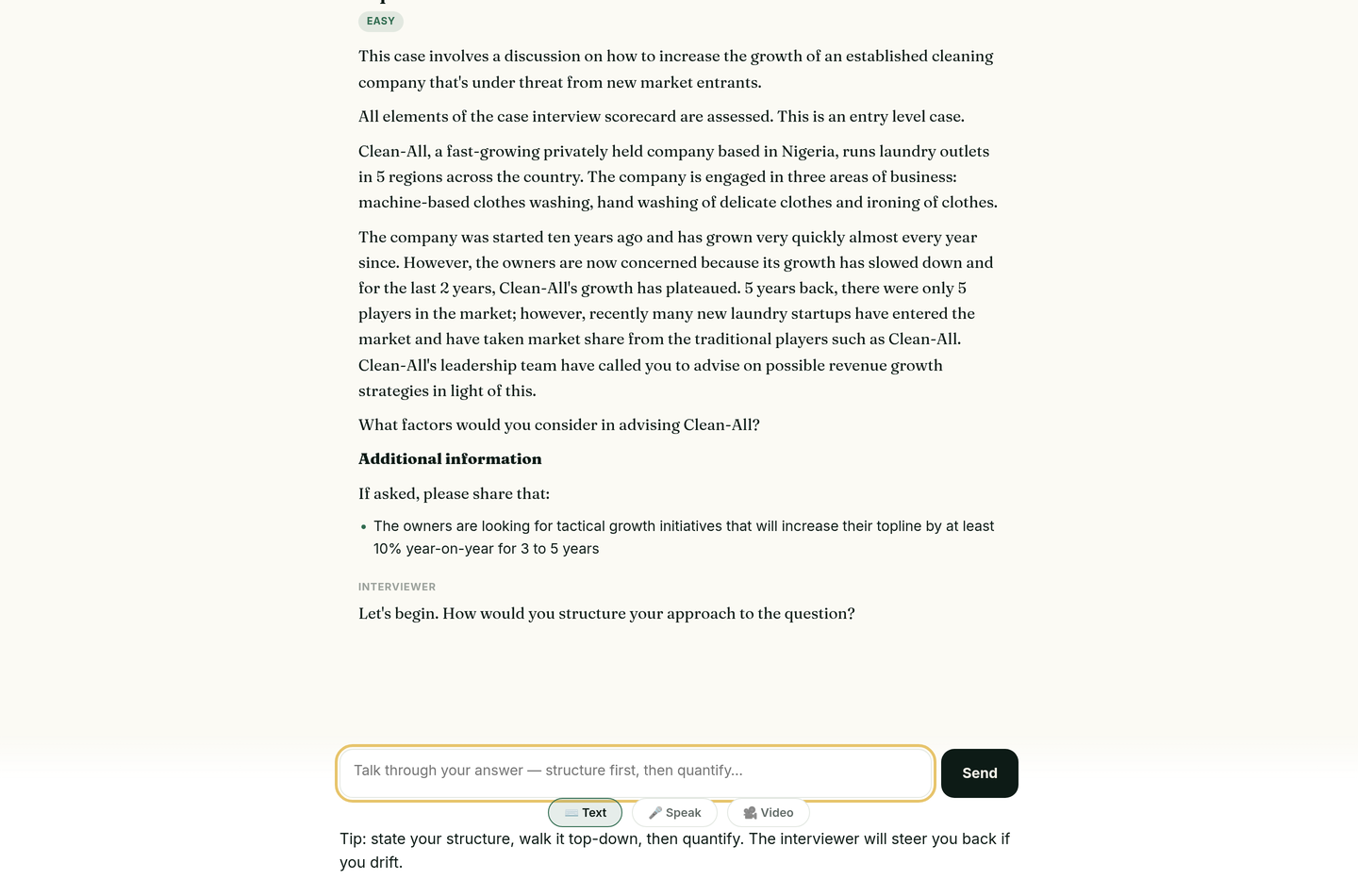 A live Case Ace interview: the AI interviewer poses the question and the candidate answers in chat.