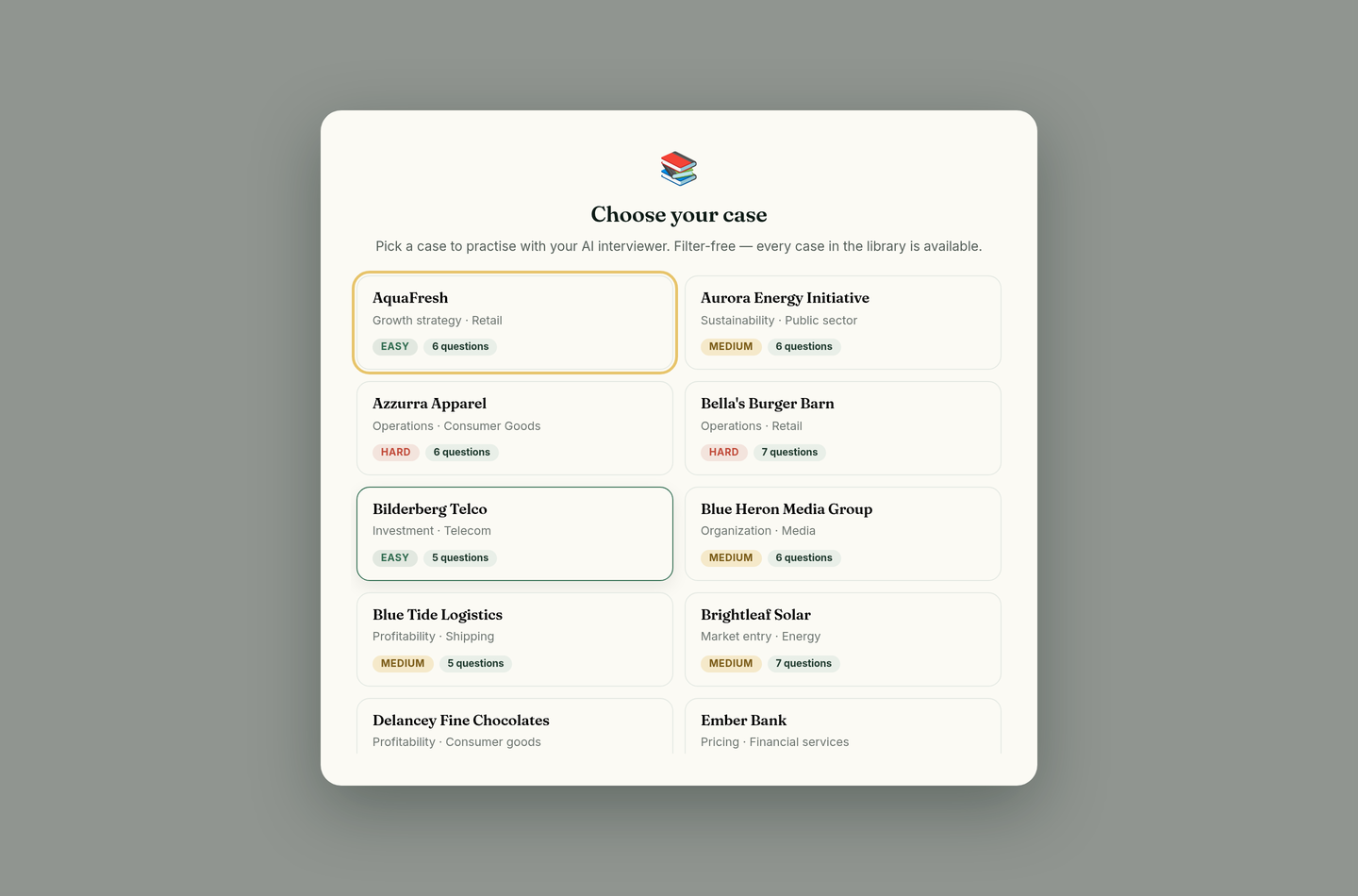 The Case Ace case library with 30+ cases filterable by type, industry and difficulty.